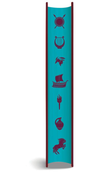 Teal sprayed edges of the deluxe edition of “The Song of Achilles,” decorated with maroon illustrations of Greek symbols, including a shield, lyre, laurel branch, ship, torch, amphora, and horse.