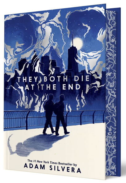 Collector’s edition cover of “They Both Die at the End” by Adam Silvera. The design shows two figures walking side by side on a city bridge under a starry night sky, with New York skyscrapers and swirling smoke-like patterns in the background. The edges are printed with intricate designs.