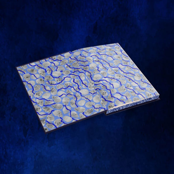 Custom endpapers from the collector’s edition of “They Both Die at the End,” decorated with a repeating skull pattern in white and gray with flowing blue lines in the background.