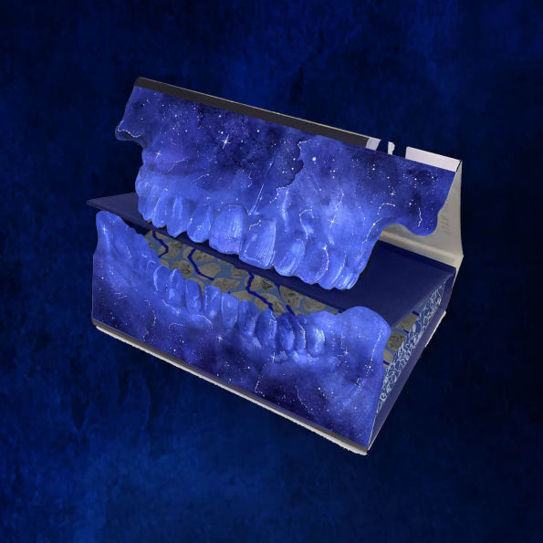 Illustrated jacket flaps from the collector’s edition of “They Both Die at the End,” showing a cosmic design of glowing blue teeth against a star-filled sky.