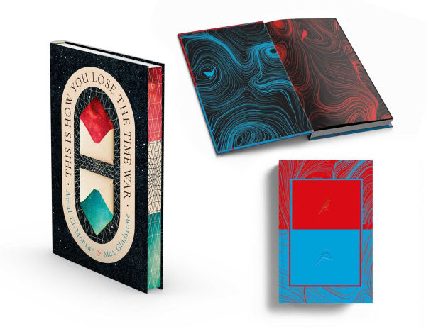 Collector’s edition of “This Is How You Lose the Time War” shown with its components: the starry black dust jacket with red and blue envelopes, marbled red-and-blue patterned endpapers, and a bright red and blue debossed case design.