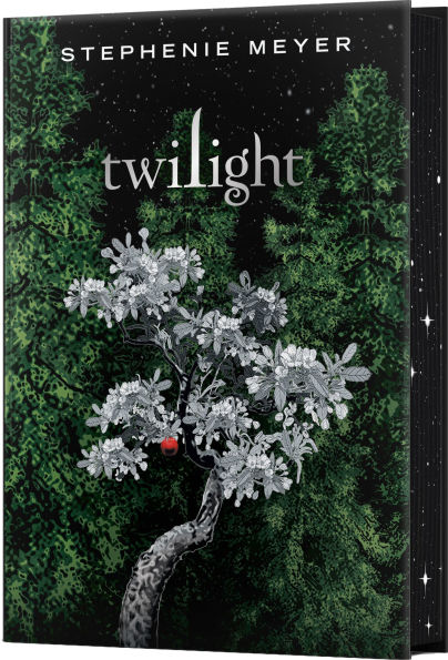 Deluxe edition of “Twilight” featuring a dark green forest backdrop and a silver-white tree with a single red apple hanging from its branches, with starry sprayed edges.