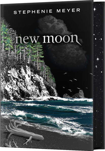 Deluxe edition of “New Moon” featuring a rocky coastal cliff and waves under a cloudy night sky, with shimmering starry sprayed edges.