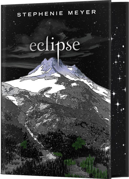 Deluxe edition of “Eclipse” featuring a snow-capped mountain under a starry sky with wisps of cloud, with black sprayed edges decorated with stars.
