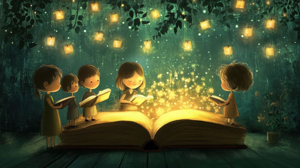 Illustration of children standing on and around a large open book with fairy lights above and coming from the pages