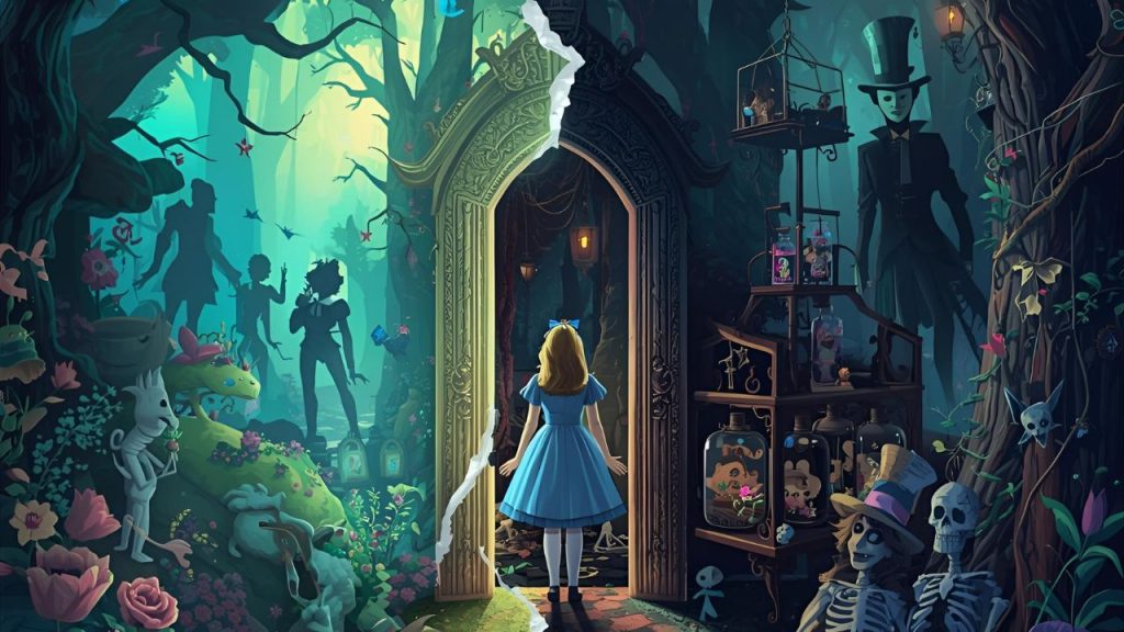 Illustration depicting a surreal dreamscape with Alice standing at the center in a glowing doorway, torn between two worlds: on one side, a bright pastel Wonderland with enchanted gardens and playful characters; on the other, a moody gothic forest filled with looming Jabberwocky shadows, eerie puppets and skeletons, The Mad Hatter lurks in the background.