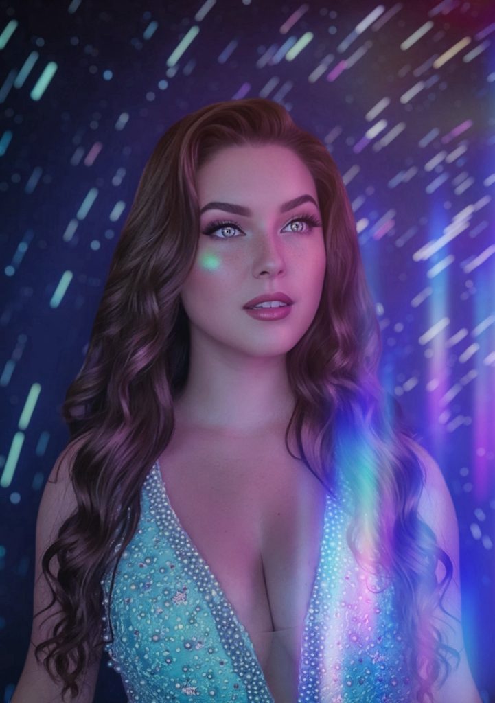 Headshot of the romantasy cosplayer Ashley. She is in cosplay of Feyre from ACOTAR. She is looking away from the camera in a dress with long wavy brown hair. There are multiple blue and purple lights replicating stars.