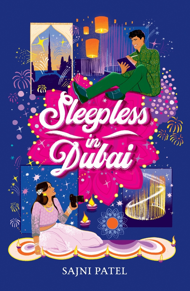 Sleepless in Dubai by Sajni Patel depicts a woman with a camera with candles surrounding her and a man with a tablet in his hand with lanterns over his head. There are fireworks surrounding them as well as two photos of India.