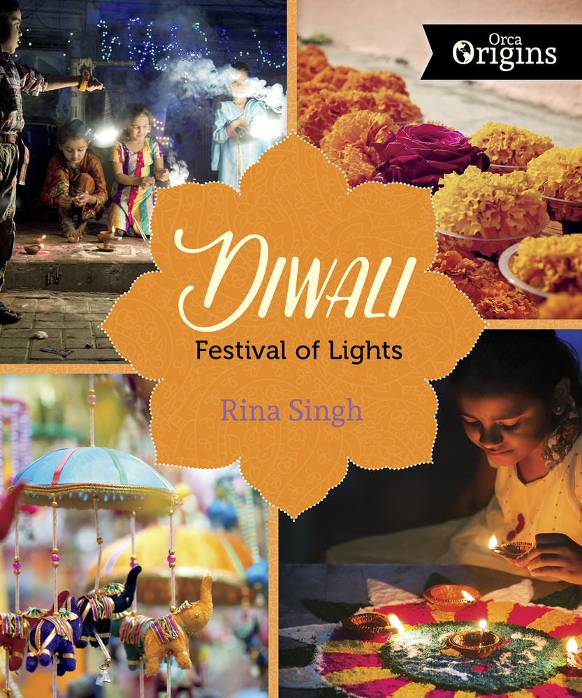 Diwali: Festival of Lights by Rina Singh depicts the four corners of the traditions. One depicts a family with sprinklers, one with piles of brightly colored flowers, one with a woman with a candle and a mat, and one with a mobile with animals hanging off it.