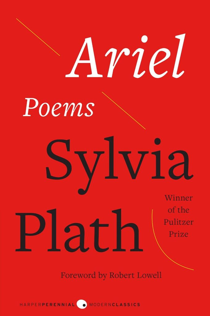 Ariel by Sylvia Plath poetry collection depicting a red book cover with white and black text.