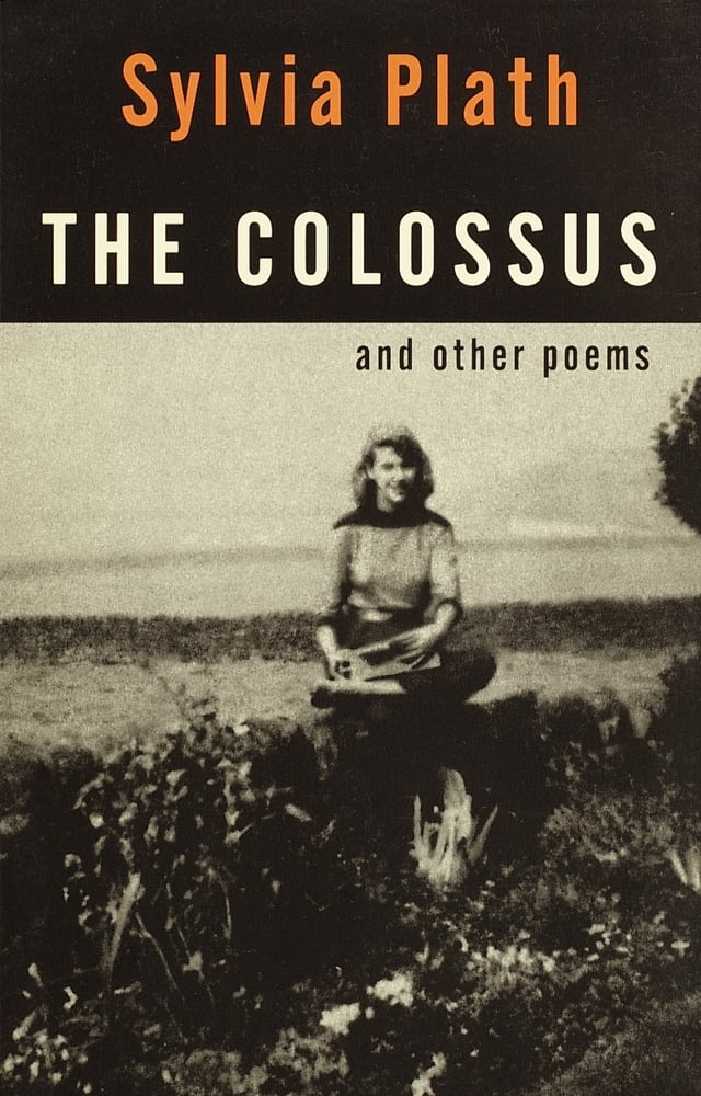 The Colossus by Sylvia Plath poetry collection book cover depicting a blurred photograph of a young woman sitting on a wall outdoors.