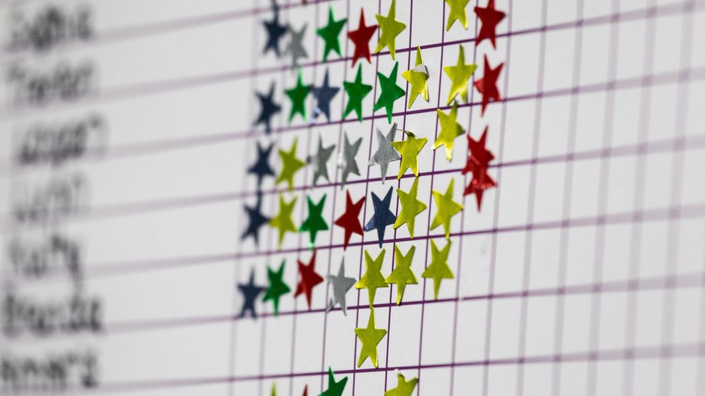 A chart with color-coded star stickers in rows and columns. Stars are red, green, yellow, blue, and silver, implying progress or achievement tracking.