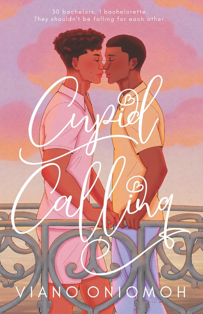 Two men stand on a balcony, close to kissing, against a pastel sunset. The cover text reads "Cupid Calling" by Viano Oniomoh, conveying romance.