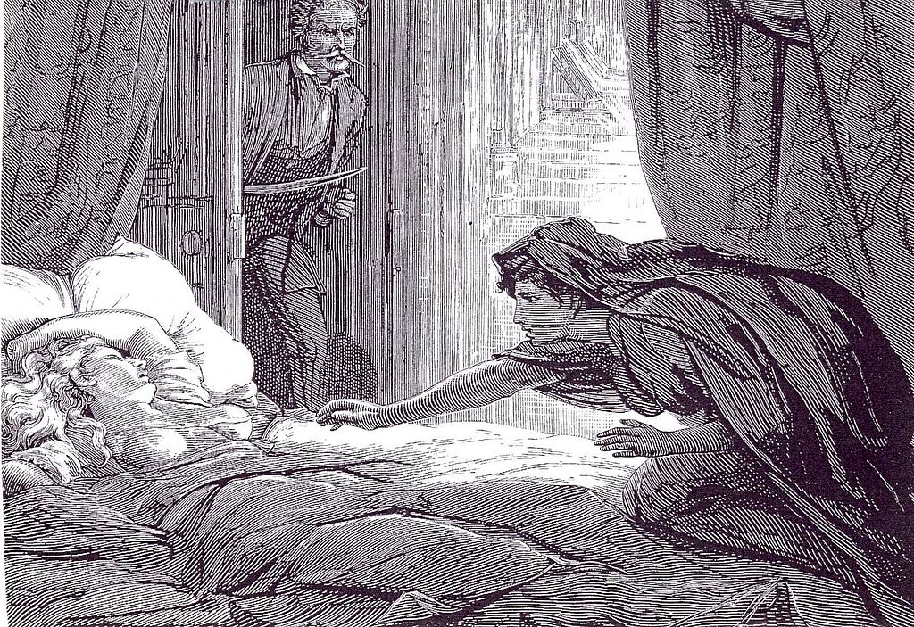A black and white ink drawing of a dark cloaked woman reaching for a pale woman sleeping in bed. In the open doorway, a man wielding a cutlass prepares to strike.