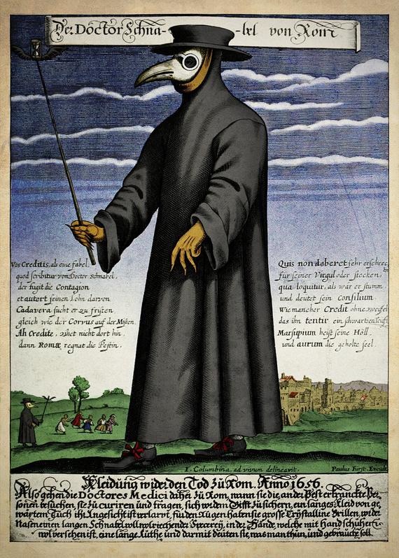 An old illustration of a medieval plague doctor. Featured in the center is a figure with yellow clawed hands wearing a black cloak and hat and a white beaked mask. Behind them is a blue sky and a green field leading to a city of golden buildings. In the lower lefthand corner, another plague doctor chases a group of people.