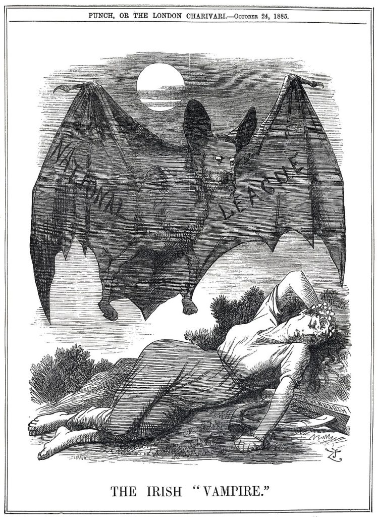 A black and white drawing of a large bat looming over a swooning woman on the ground. The moon peers out between dark clouds in the distance.