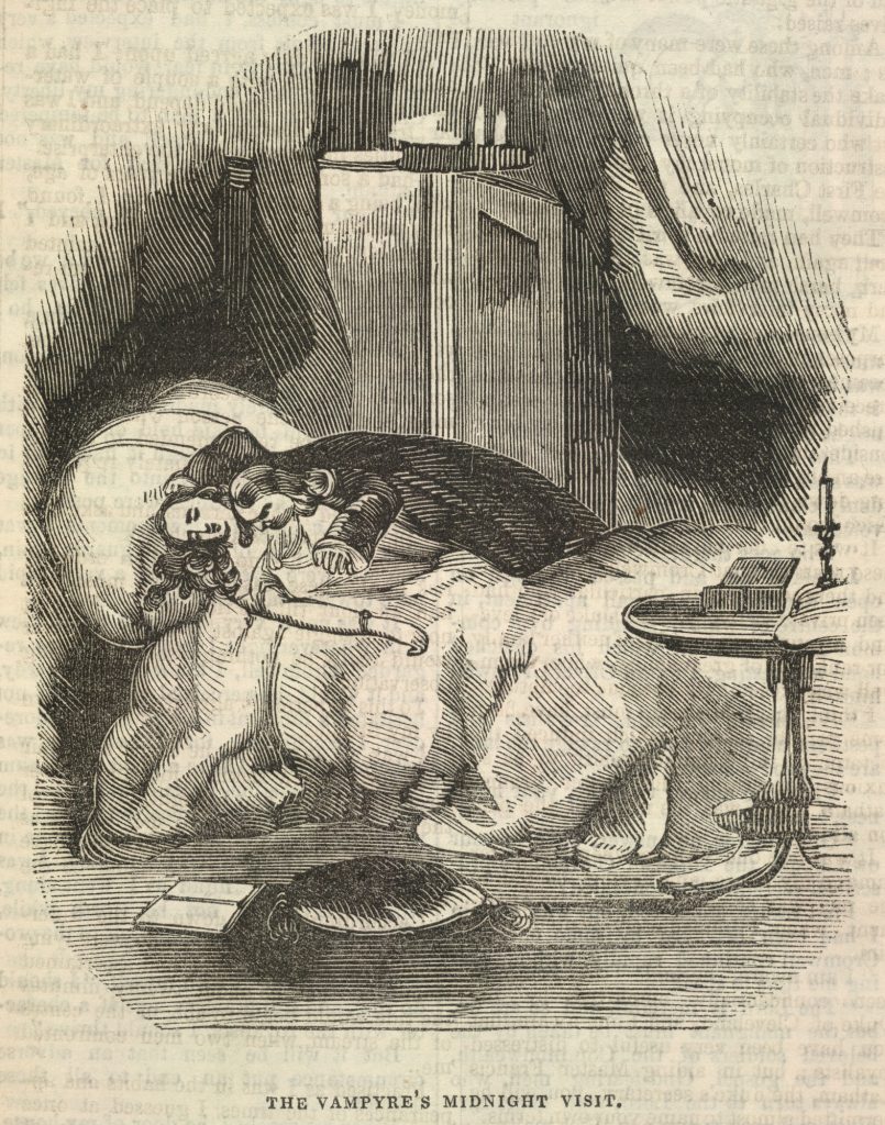 A black ink sketch of a vampire biting a young woman in her bed. Below are the words "The Vampyre's Midnight Visit."