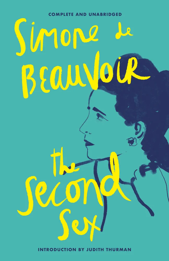 The Second Sex by Simone De Beauvoir, a feminist text featuring a woman’s side profile against a blue backdrop with yellow text.