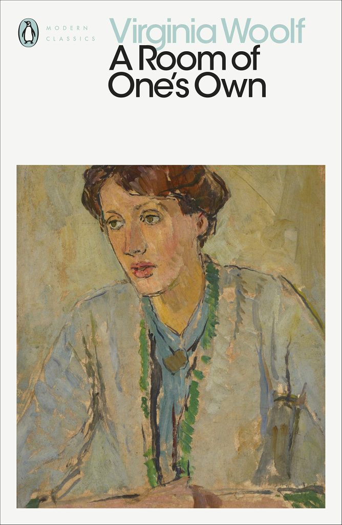 A Room of One’s Own by Virginia Woolf, depicting an oil painting woman against a white backdrop.