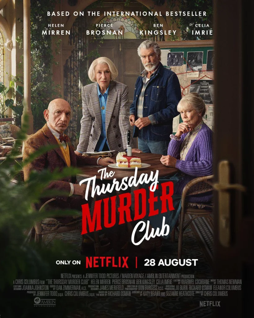 The Thursday Murder Club adaptation poster from Netflix depicting the 4 members of the club sitting at a table with a cake that has ha knife stabbed through it.