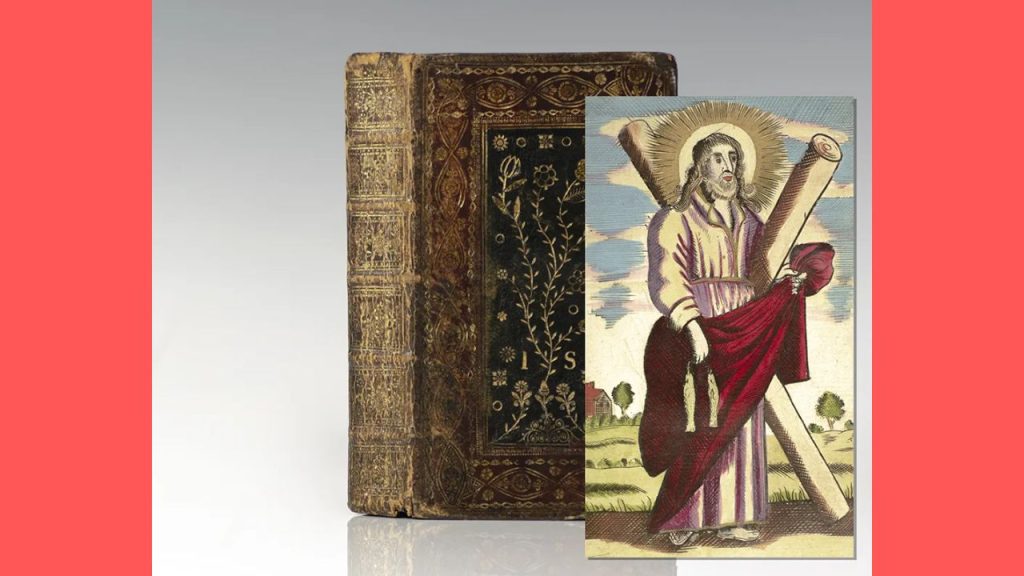 On a light red background is a photo of a book of devotions from the 18th century. It is a hardcover, worn but intact. A picture of one of the illustrations inside is also featured, depicting Jesus carrying two fish.