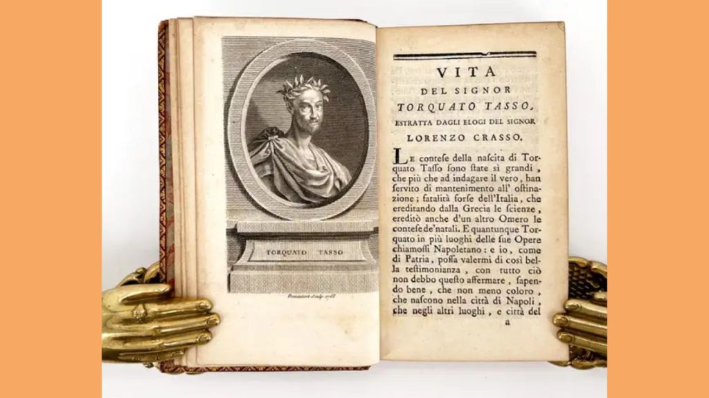 An image of Gerusalemme Liberata by Torquato Tasso, the Elegant French 18th-century "pocket" edition, measuring 5 3/8 x 3 1/8 inches (136 x 80 mm).