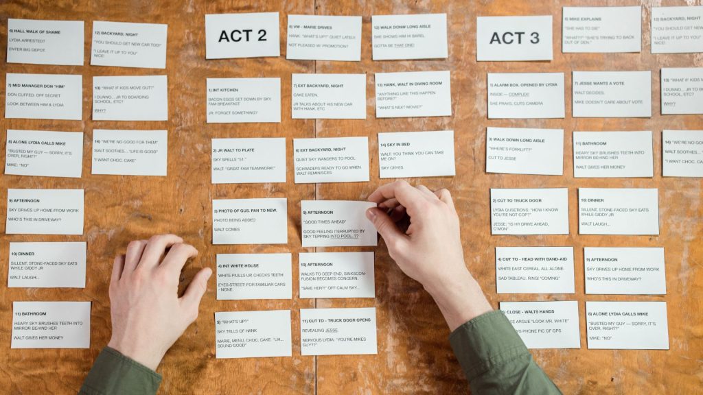 Hands arrange note cards on a wooden table, each labeled with scenes for a story. Sections titled Act 2 and Act 3 are visible, suggesting organization and planning.