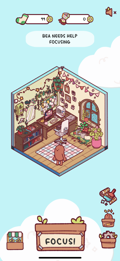 Screenshot from "Focus Friend" app. Cartoon room with a small brown character on a rug, surrounded by plants, a desk, and a computer. Text reads "Bea needs help focusing."