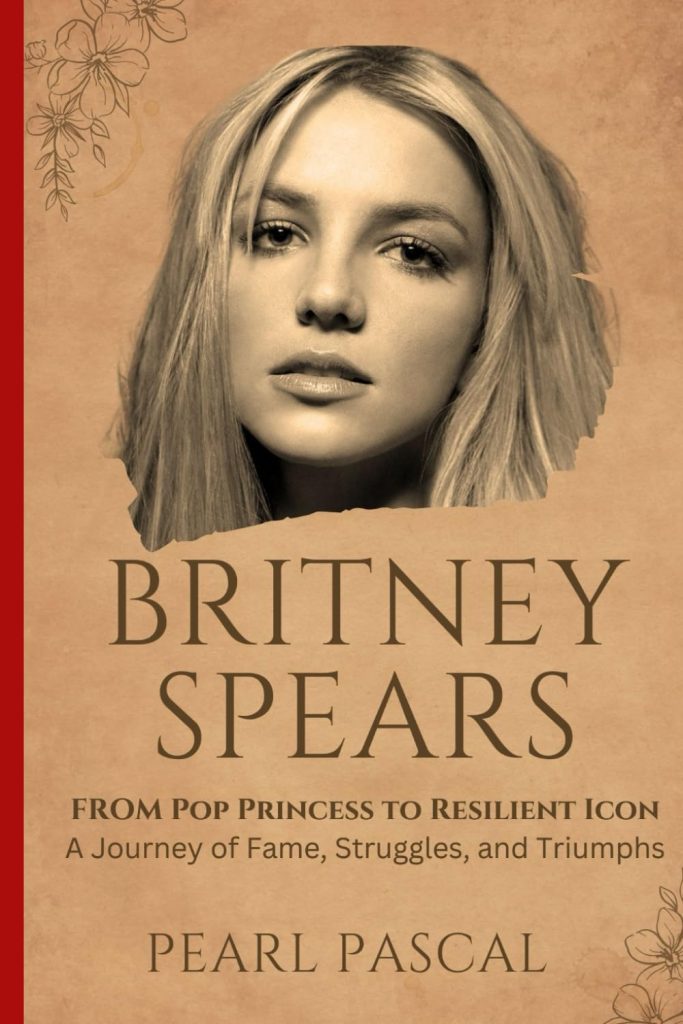 Britney Spears, a biography by Pearl Pascal book cover depicts cut out of Britney Spears face in black and white against a tan background.