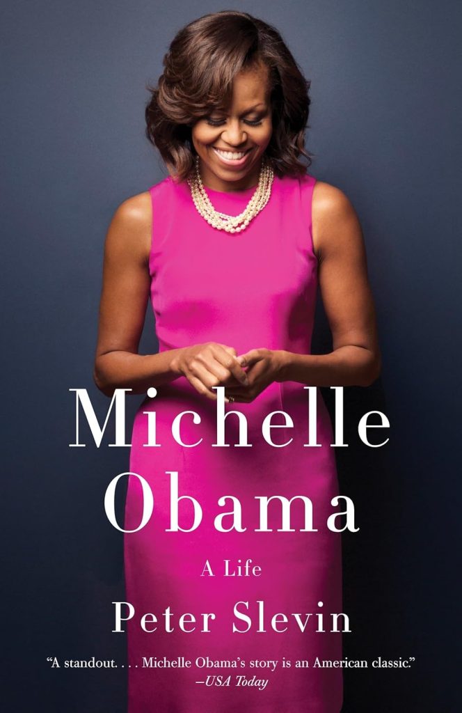 Michelle Obama: A Life, biography by Peter Slevin book cover depicts former first lady in a pink dress smiling down at the ground.