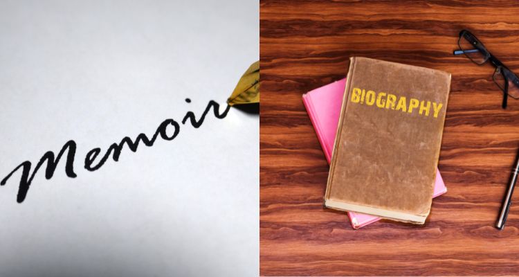 Left side depicts 'memoir' written in pen. Right side depicts 'biography' in yellow text on a brown book with a pink book stacked beneath it on a wooden background.