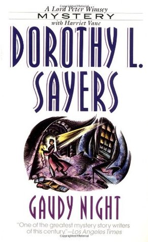 Gaudy Night by Dorothy L. Sayers, a mystery novel consisting of a white cover with a purple illustration of a detective in a library.