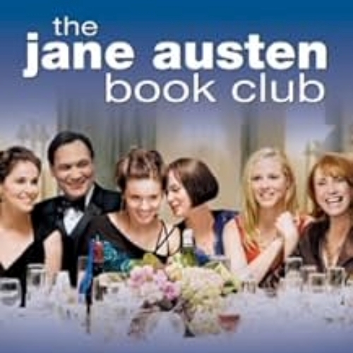 The Jane Austen Book Club poster depicting sec people - 5 women and 1 man- sitting at a party table.