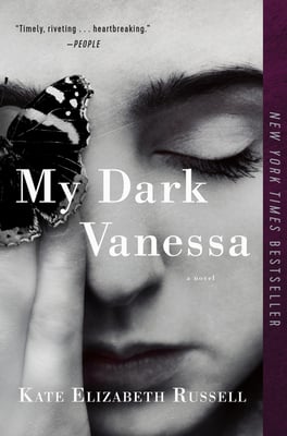 My Dark Vanessa, by Kate Elizabeth Russell, featuring a young woman with a butterfly placed over her eye.