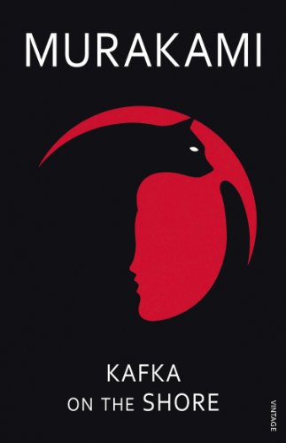 Kafka on the Shore by Haruki Murakami, featuring a cat and a side profile merged together in black and red.