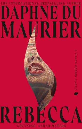 Rebecca by Daphne du Maurier, depicting a tear drop shaped cut out with a woman’s face placed on it, in an underwater effect.