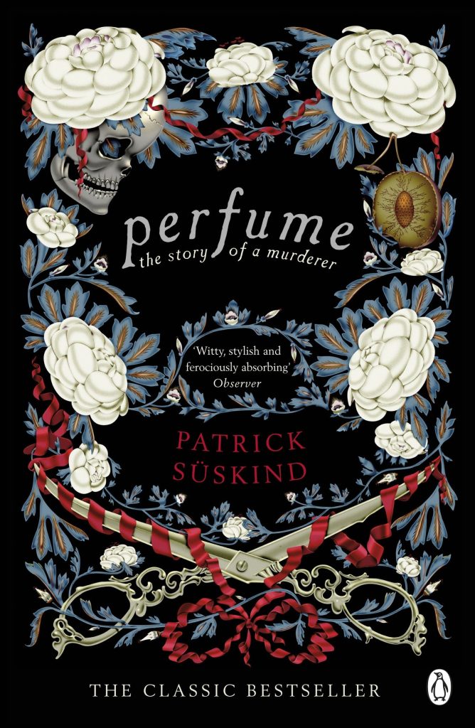 Perfume by Patrick Süskind, depicting floral artwork with a scissors interlaced with red ribbon.