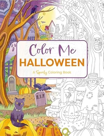 Color Me Halloween by Editors of Cider Mill Press, a coloring book cover depicting a cemetery with large trees, jack-o'-lanterns, animals, ghosts, spiderwebs, and a large house in the back. The left half of the image is colored in with orange, purple, and brown, while the right half is black and white. The title is on a white box at the center in purple and yellow text.