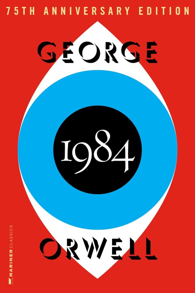 1984 by George Orwell book cover. Depicts a red background with a large blue eye side ways.