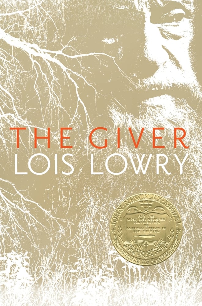 The Giver by Lois Lowry book cover. Depicts the face of an elderly man surrounded by branches and long grasses that blend into his beard.