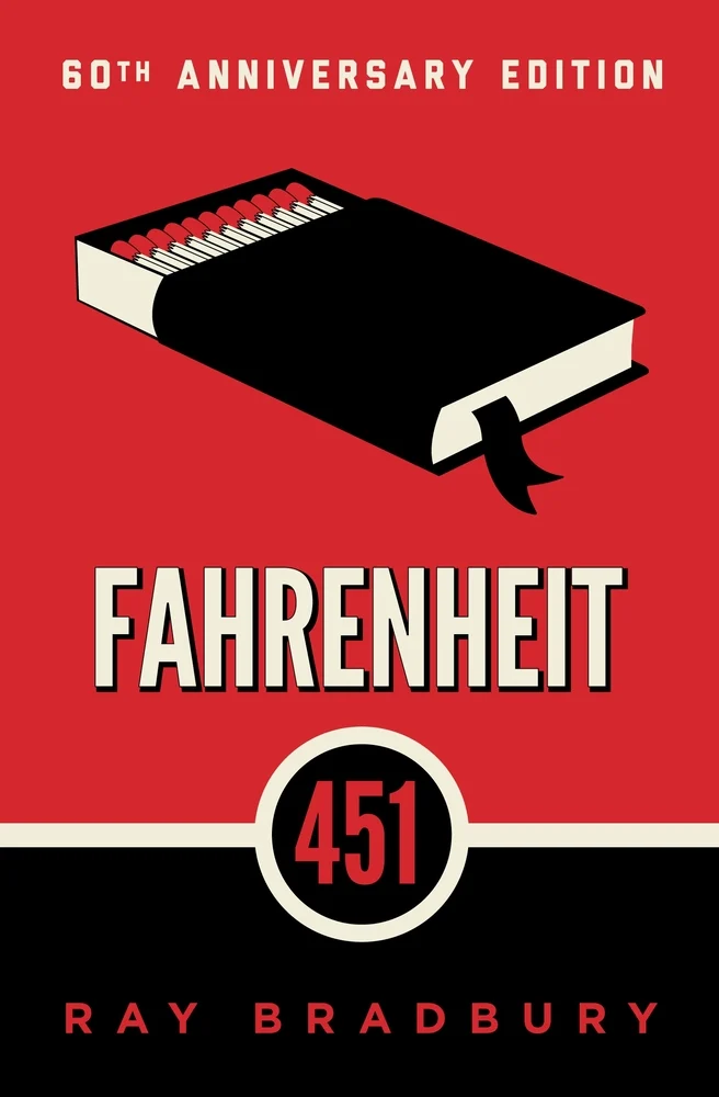 Fahrenheit 451 by Ray Bradbury book cover. Depicts a book that opens into a match box against a red background.