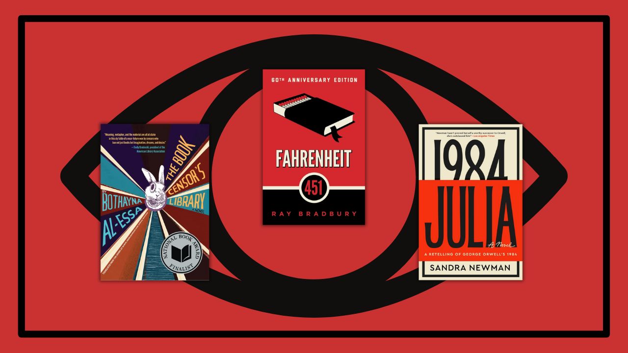 Depicts a red background with a black eye and features the book covers of The Book Censor's Library, Fahrenheit 451, and Julia.