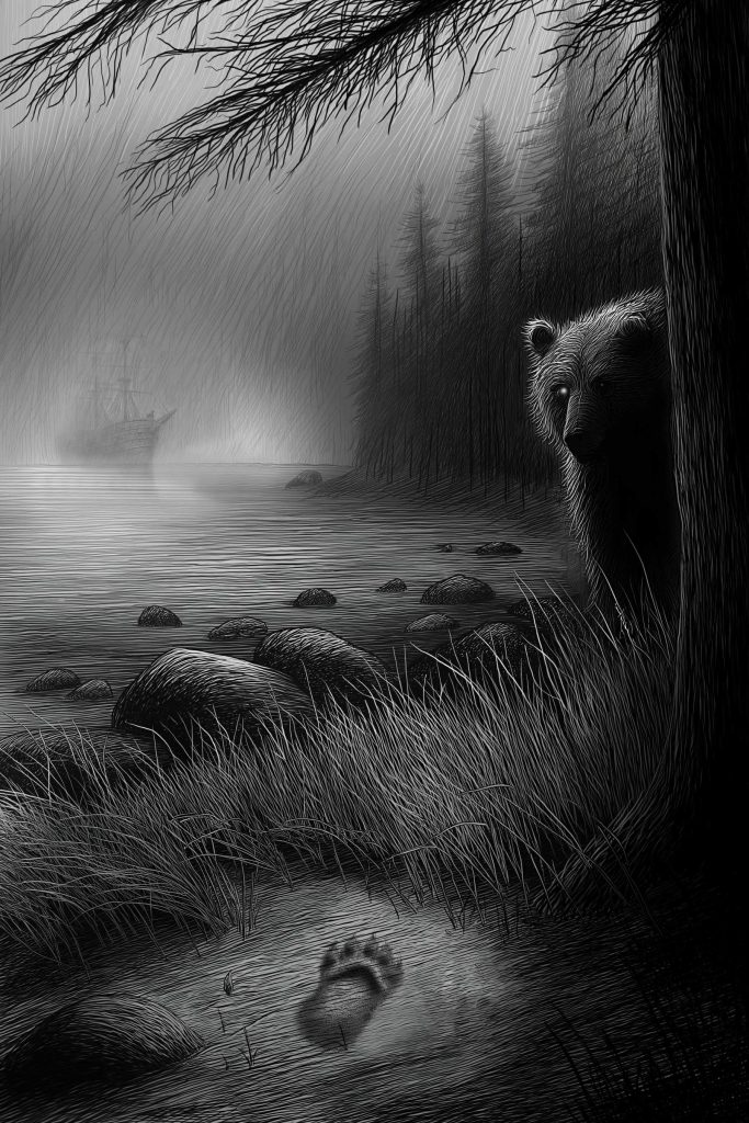 A bear with a glowing eye peeks out from behind a tree in front of a lake obscured by fog. A ghostly ship sits on the lake, in the midst of the fog.
