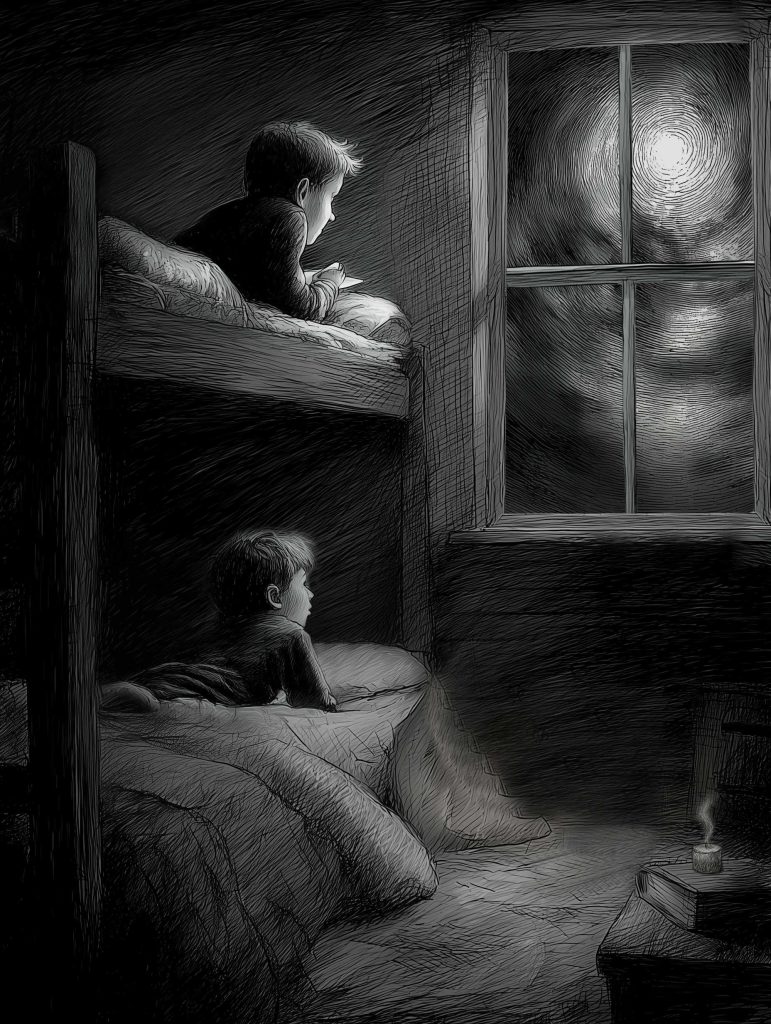 Two young boys in a bunk bed stare out a window, through which is a bright full moon lighting up a foggy night sky.