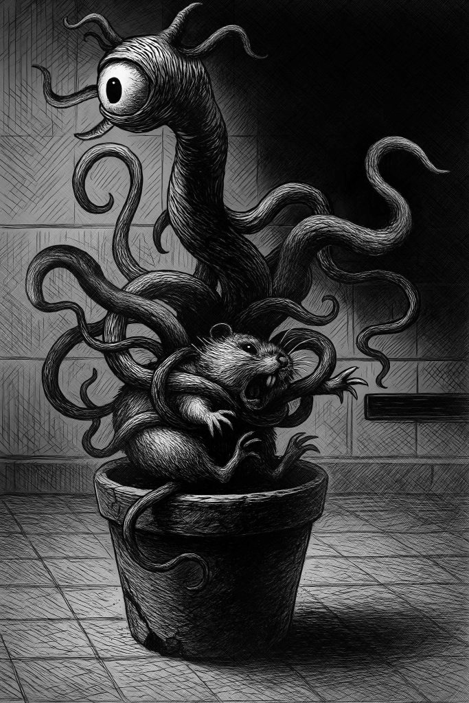 A one-eyed plant in a small pot strangling a rat with many tentacled limbs.