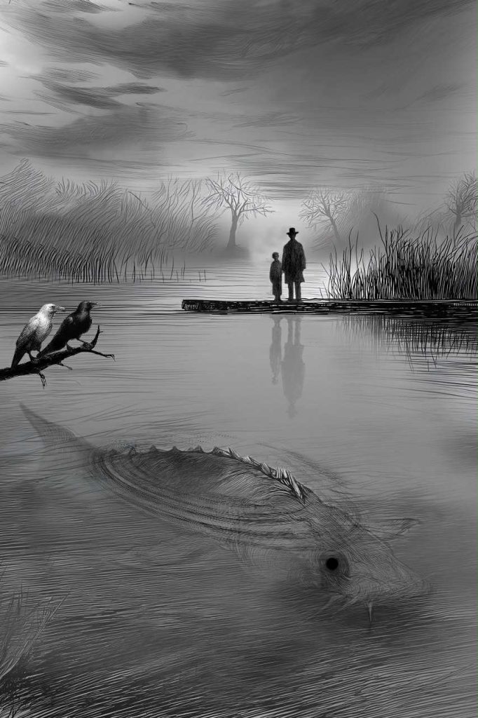 The spiked spine of a sturgeon breaks the surface of a calm lake underneath two birds sitting on an overhanging tree branch. In the background, a man wearing a top hat and a child stand on a dock.