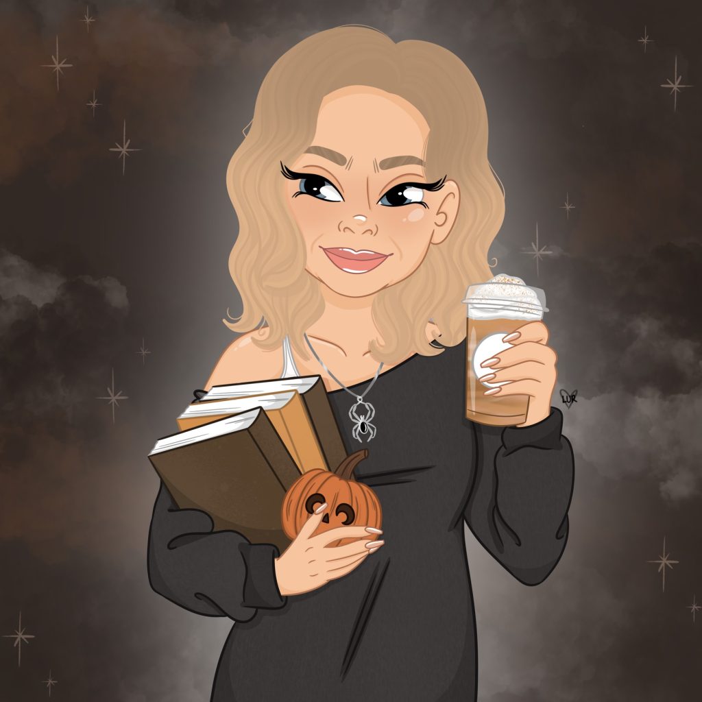 Illustrated image of a blonde woman wearing a black dress and a spider necklace. She is holding a stack of books and a small jack o lantern in one hand and a cup of coffee in the other.