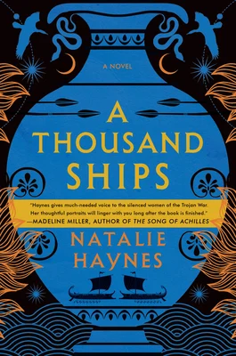 A Thousand Ships by Natalie Haynes book cover. Depicts a blue jar with images of boats as well as decorative designs on it.