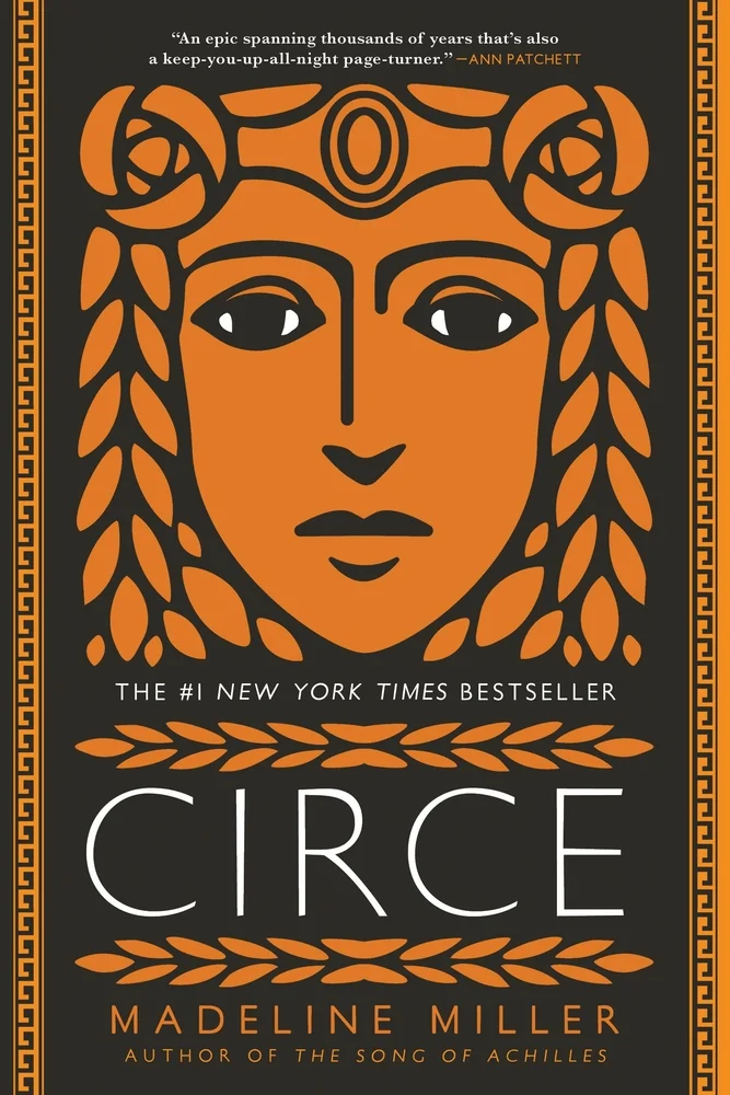Circe by Madeline Miller book cover. Depicts the face of a goddess in orange with a black background.