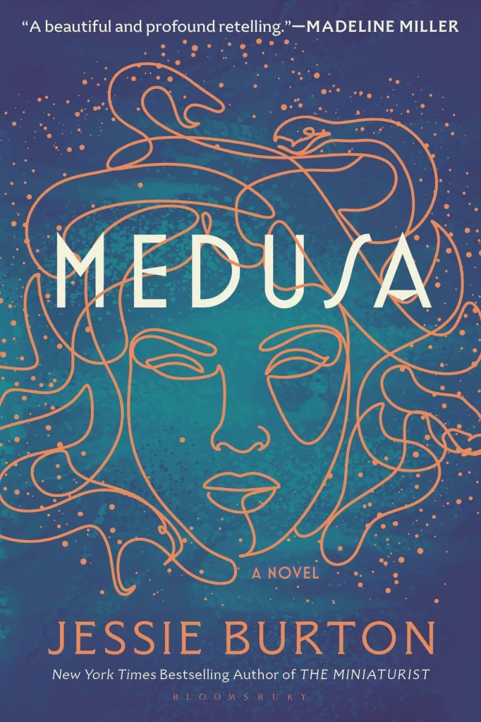Medusa by Jessie Burton book cover. Depicts golden dots against a blue background and a golden line illustration of Medusa's face with her snake hair wildly around her face.